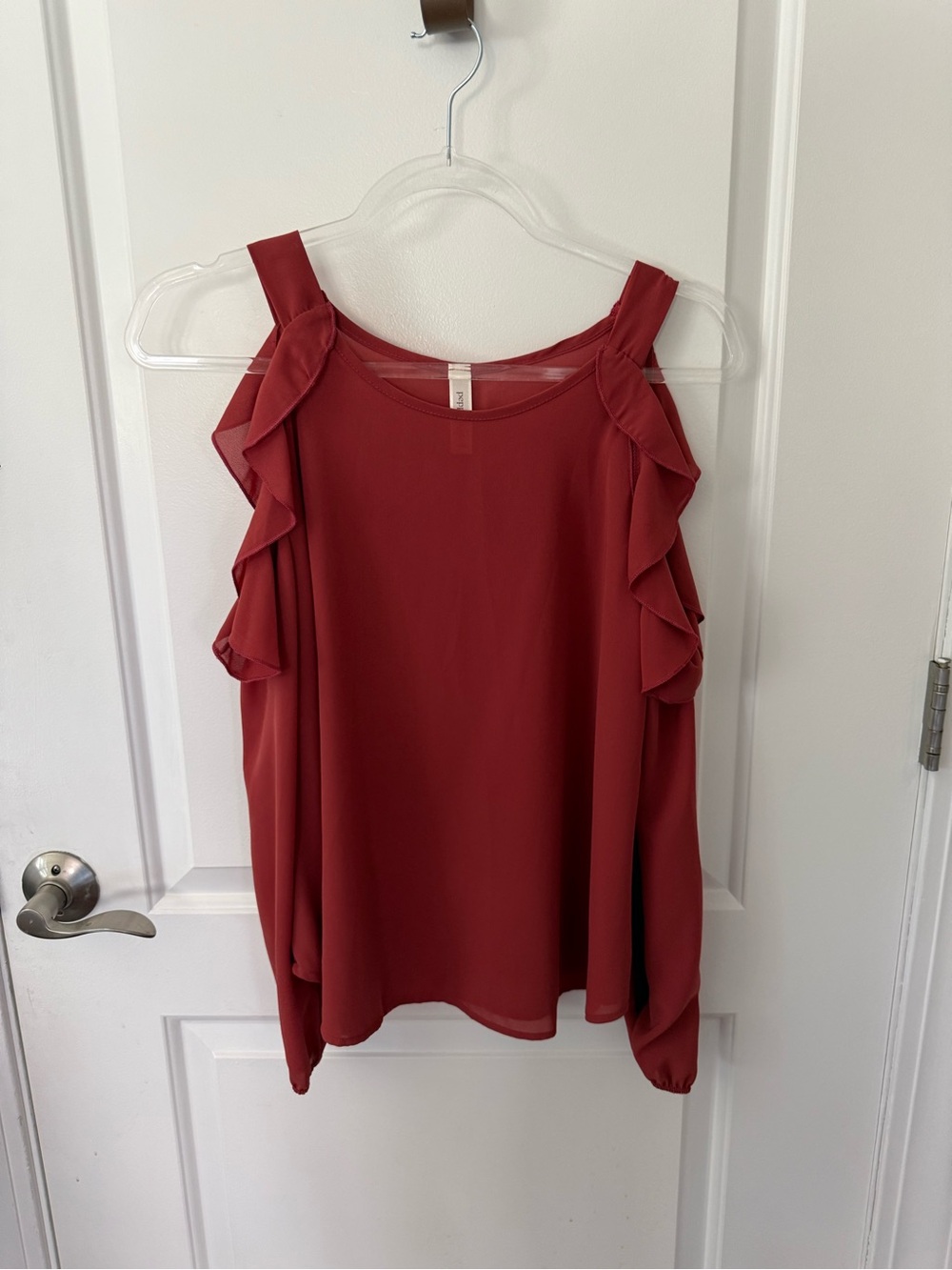 Peppermint Women’s Ruffle Cold-Shoulder Blouse - Rust Red - Picture 5 of 5